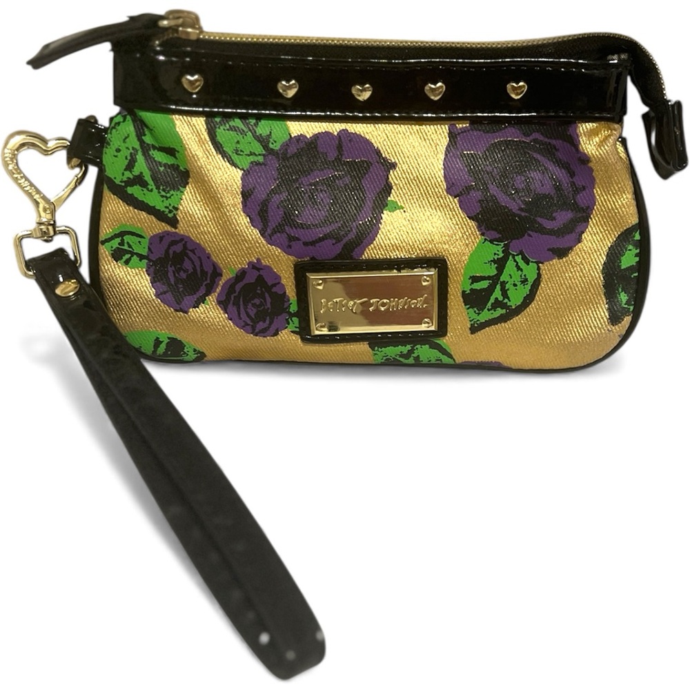 Retired Betsey Johnson Wristlet Gold Foil Background Purple Roses Green Leaves